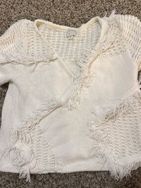 White Fringe Short Sleeve Sweater